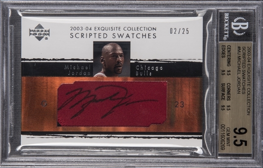2003-04 UD "Exquisite Collection" Scripted Swatches #MJ Michael Jordan Signed Card (#02/25) – BGS GEM MINT 9.5/BGS 9